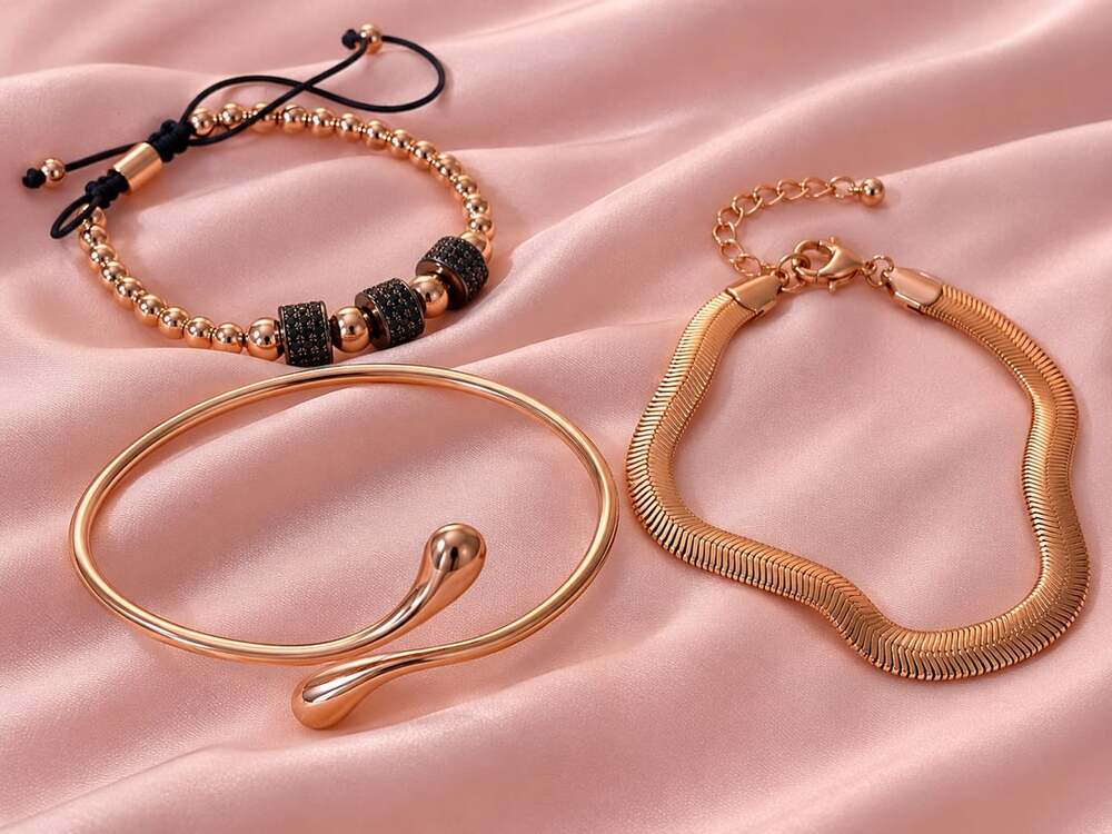 Rose Gold Bypass, Shambala andHerringbone Chain Bracelet Set of 3
